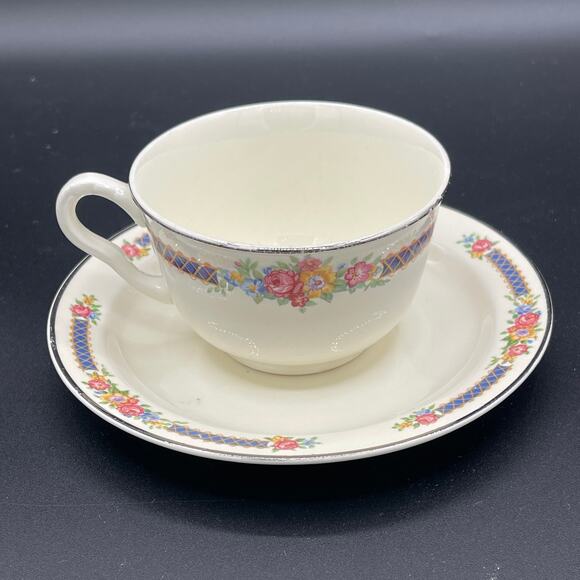 The Hall China Co. Blue Bouquet Teacup and Saucer Set - Picture 1 of 6